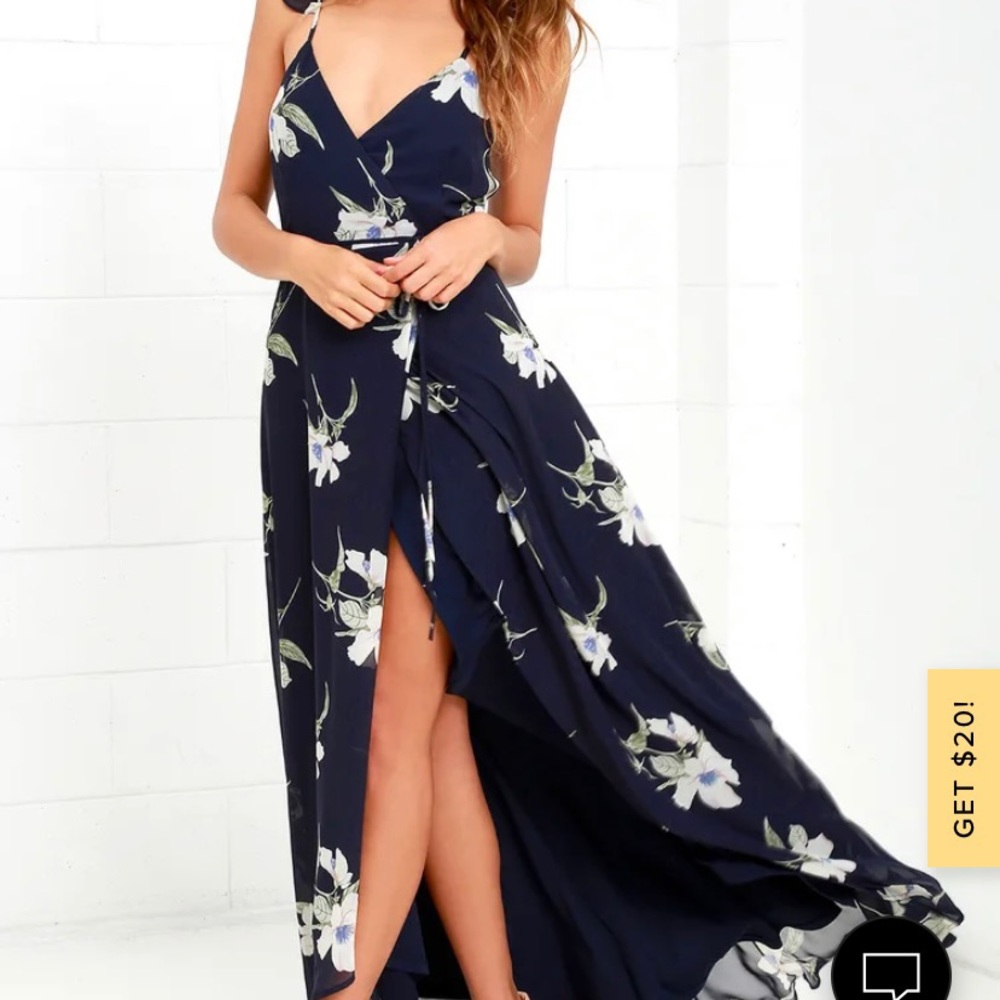 Lulu’s All Mine Navy Floral Print High-Low Wrap Dress